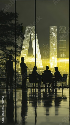 Business people in a meeting room background shows a large letter artificial intelligence hologram and various large icons of networks representing artificial intelligence smart company.	