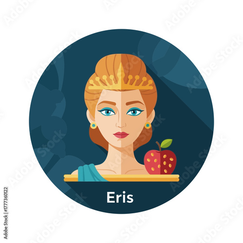 Woman with golden hair and an apple, labeled Eris.