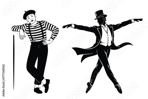 French Mime and Dapper Dancer Illustrations, Two Theatrical Figures: Beret Mime and Top Hat Performer, Vintage Style Performing Artists Duet, 