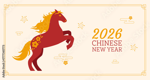 Horizontal festive banner for 2026 Chinese New Year with red horse, golden mane and floral ornaments. Hand drawn vector illustration.