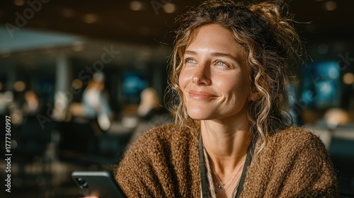 Content Woman Looking Up While Holding Smartphone