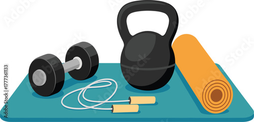 Home Fitness Equipment Vector Illustration - Dumbbell, Kettlebell, Yoga Mat, and Jump Rope - Workout and Gym Gear