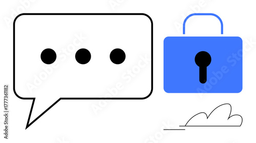 Speech bubble with ellipses next to a blue padlock and cloud element. Ideal for data protection, privacy, cybersecurity, encryption, online safety, secured communication, abstract simple flat