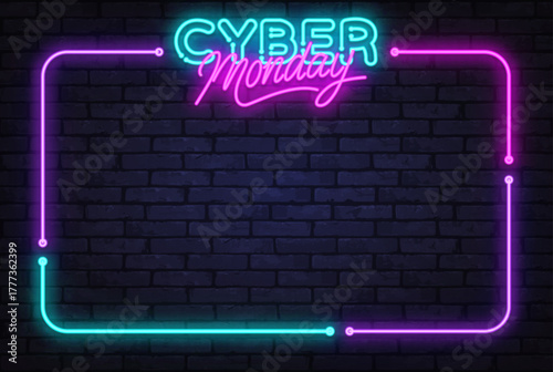 Bright neon title Cyber Monday with colorful glowing border, leaving space for promo text or discount offer. Vector illustration