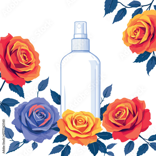 Foto Vsai spray bottle with colorful roses expressing beauty concept