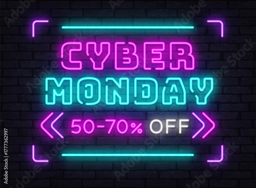 Futuristic neon sign announcing Cyber Monday with big glowing letters and discount details, perfect for digital shopping ads.
