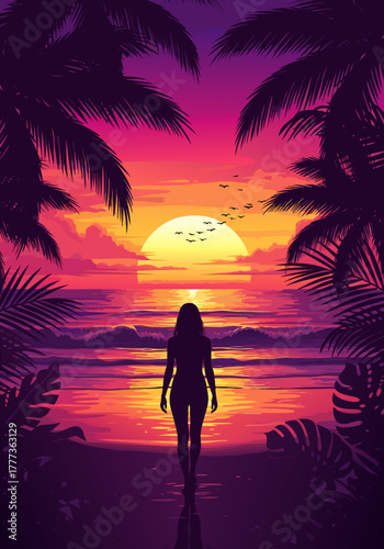 Silhouette of a person walking towards the sunset on a beach, palm trees framing the view