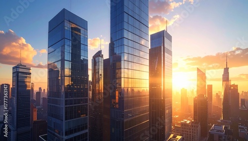 morning city building glass reflection skyscraper closeup sunlight modern urban skyline blue sky clean architecture