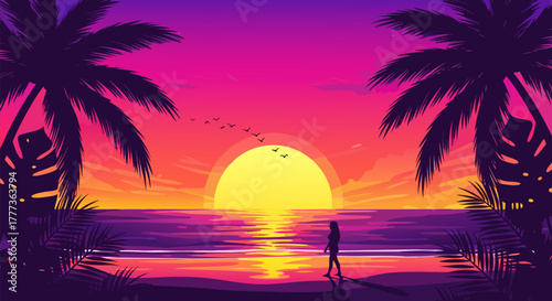 Sunset Paradise A Silhouette Stroll Along the Shore, Palm Trees, And Serene Ocean Views