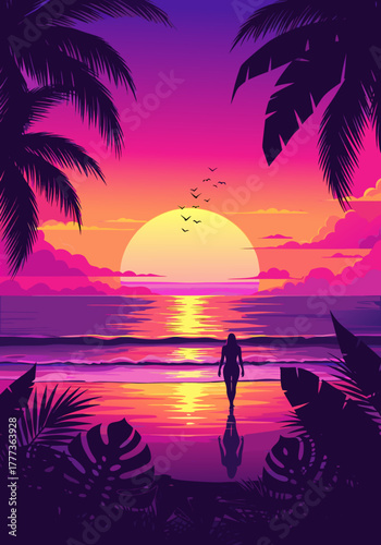 Vibrant Sunset Silhouette A Striking Vector Illustration of a Person Walking Towards the Horizon