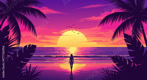 Stunning Sunset Silhouette A Serene Beachscape with Palm Trees, Ocean, and a Figure