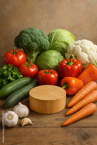 fresh vegetables on wooden background. Fresh Harvest Podium
