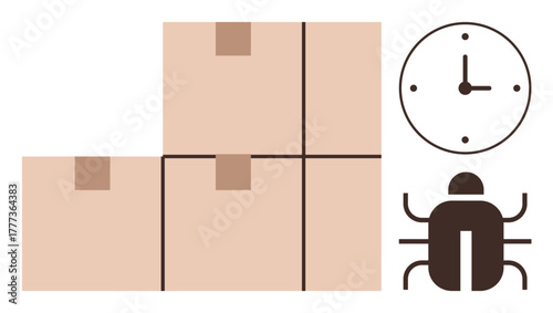 Cardboard boxes stacked beside a clock and an insect representation. Ideal for logistics, storage, time management, pest control, warehouse operations, efficiency, simple flat metaphor