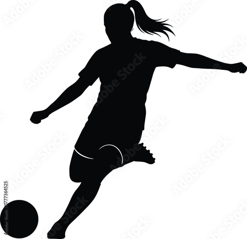 Female soccer player silhouette kicking ball, black sports illustration, athletic action design,