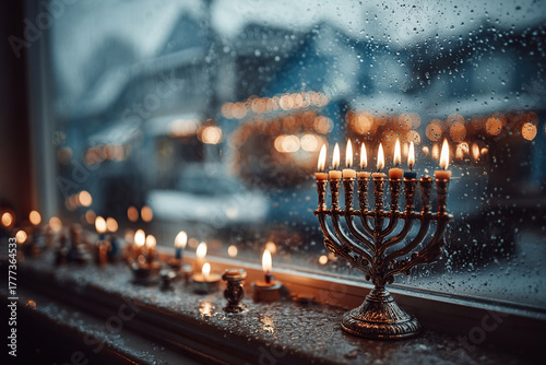A copper menorah with flaming candles creates a cozy, festive atmosphere in the room.