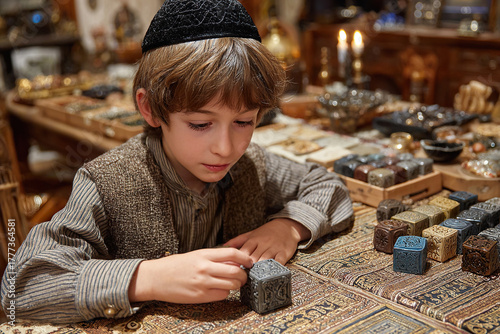 A Jewish boy with a yarmulke on his head arranges dreidels on a table.
