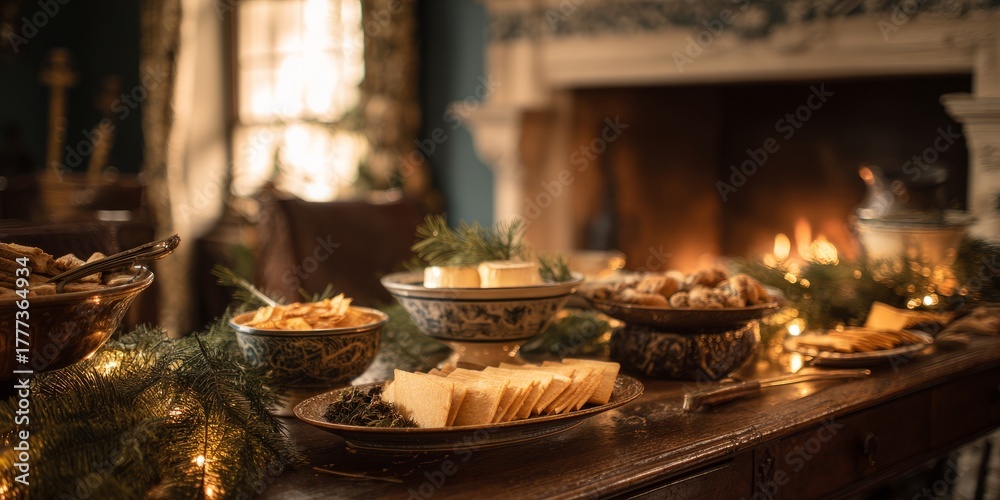 Fototapeta premium Cozy Holiday Cheese and Snack Table by the Fireplace