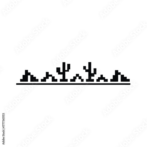 Pixel Art Style Cactus and Hillside Silhouette Border on White Background