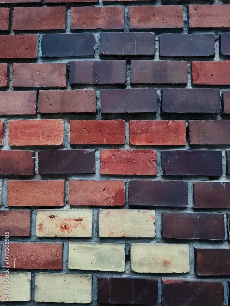 Fototapeta premium Textured detail of the brick wall of the Sacred Heart of Jesus Jesuit Church (Jézus Szíve Jezsuita Templom) in Budapest, featuring colorful bricks that highlight the rich craftsmanship