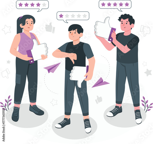 People giving feedback with thumbs up and thumbs down ratings Keywords: feedback, rating, stars