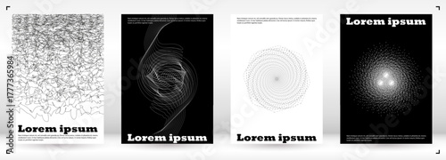 Set of Minimal Vector Page Design with Circles and Wave Lines. Abstract Background with Swirl Lines. Good for Business Identity or Music Fest Poster. Digital Style.