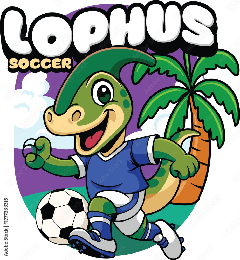 Naklejka premium Cute Parasaurolophus Sport Mascot Shirt Design in Cartoon Style