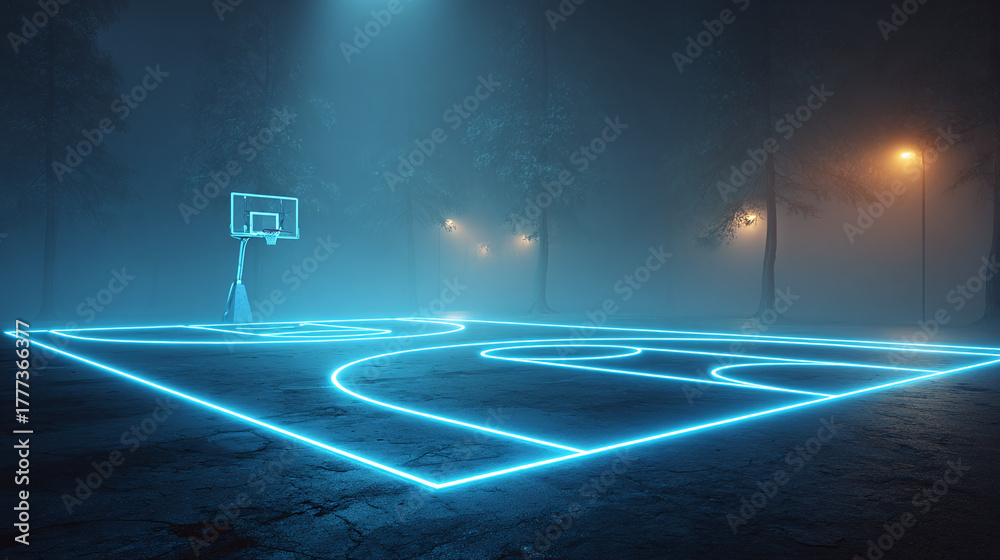 Fototapeta premium Illuminated basketball court in a misty night setting. The court is bathed in an eerie blue glow. 