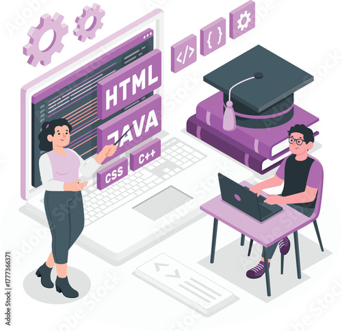 People learning coding and programming on a laptop computer