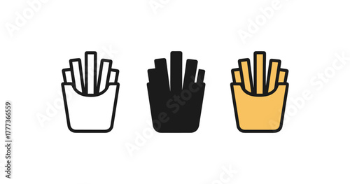 Minimal french fries icons in black, white, and yellow variants