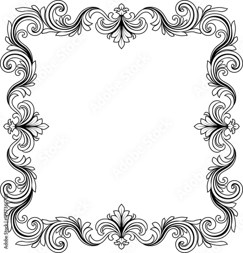 A filigree heraldic crest motif floral pattern border frame. Original design in a vintage style.