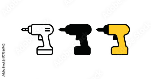 Electric drill icon set in flat, silhouette, and outline styles for tool design