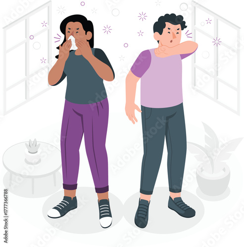 People sneezing and coughing into elbow with virus symbols illness sickness