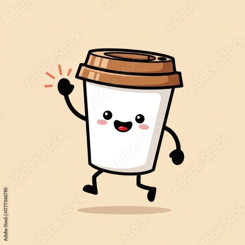 Cheerful cartoon coffee cup character waving, with a happy expression
