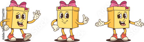 Three friendly cartoon gift box characters mascot vector illustration set. Showing waving greeting pointing up and spreading arms welcome. Communication gestures for advertising promotion hospitality