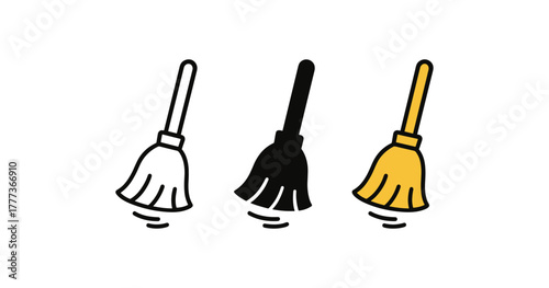 Minimalist broom icons in line art style for cleaning themes