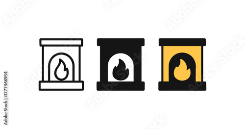 Minimalist icons of fireplace designs in various styles