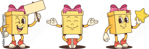 Three cartoon gift box characters mascot vector illustration set. Holding sign meditating pose and holding gold star. Varied poses for advertising promotion wellness theme Balanced engaging collection