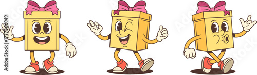 Three playful cartoon gift box characters mascot vector illustration set. Showing waving gesture OK sign and rock hand symbol. Energetic poses for advertising promotion. Fun vibrant collection