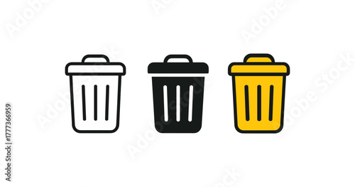 Minimalist trash bin icons in three color variations: outline, solid, yellow