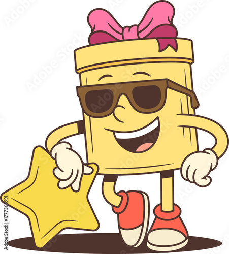 Playful cartoon gift box character mascot vector illustration leaning on a gold star. Yellow present with pink ribbon holds the star with a happy smile. Perfect for awards, achievements