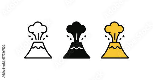 Minimalist volcano icons with smoke in three color variations