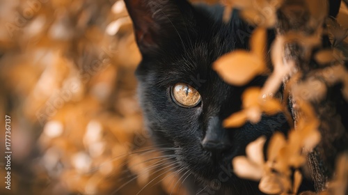 Close-up of a black cat with yellow eyes partially hidden behind dry brown leaves outdoors.