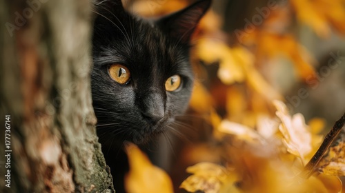 Black cat with yellow eyes peeking from behind a tree trunk in an autumn forest with orange and yellow leaves.