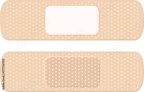 Illustration of a beige adhesive bandage, shown from both sides. Medical plaster isolated on white background