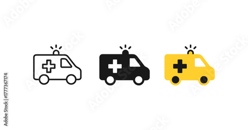 Ambulance icons: line, solid, and colorful variations for emergency-themed designs