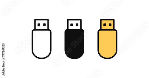Minimalist usb drive icons in flat style with black, white, and yellow variations