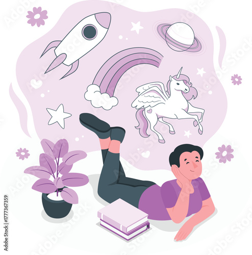 Person Dreaming of Space and Fantasy Creatures illustration