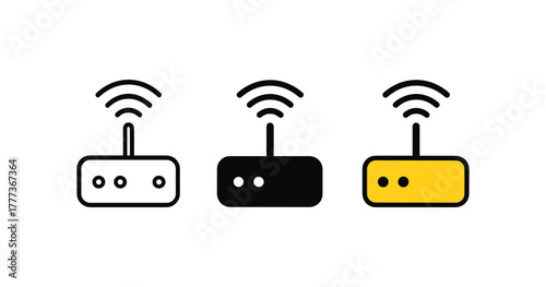 Flat wifi router icons in black and yellow with signal waves