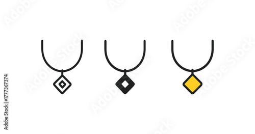 Minimalist line art of geometric necklaces with diamond pendants in black and yellow