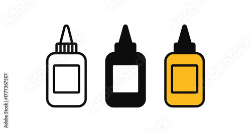 Minimalist glue bottle icons in three color variants for craft projects
